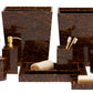 The Carmel High Gloss Faux Tortoise collection by Pigeon & Poodle offers brown marble-patterned bathroom accessories, including a tissue box, soap dispenser, toothbrush holder, tray, cotton jar, cup, and waste bins in a tortoise shell style.