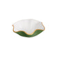 A Beatriz Ball Encanto Leaf Green & White Serveware Collection ceramic bowl with a wavy rim, white enameled interior, green exterior, and gold-colored edge is shown on a plain white background.