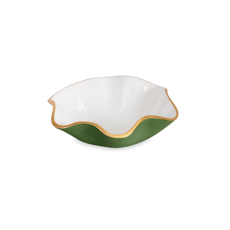 A Beatriz Ball Encanto Leaf Green & White Serveware Collection ceramic bowl with a wavy rim, white enameled interior, green exterior, and gold-colored edge is shown on a plain white background.
