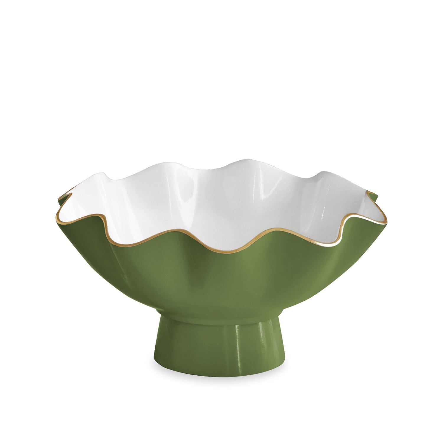 A Beatriz Ball Encanto Leaf Green & White Serveware Collection ceramic bowl features a wavy scalloped rim, white interior, and gold trim, shown against a plain white background.