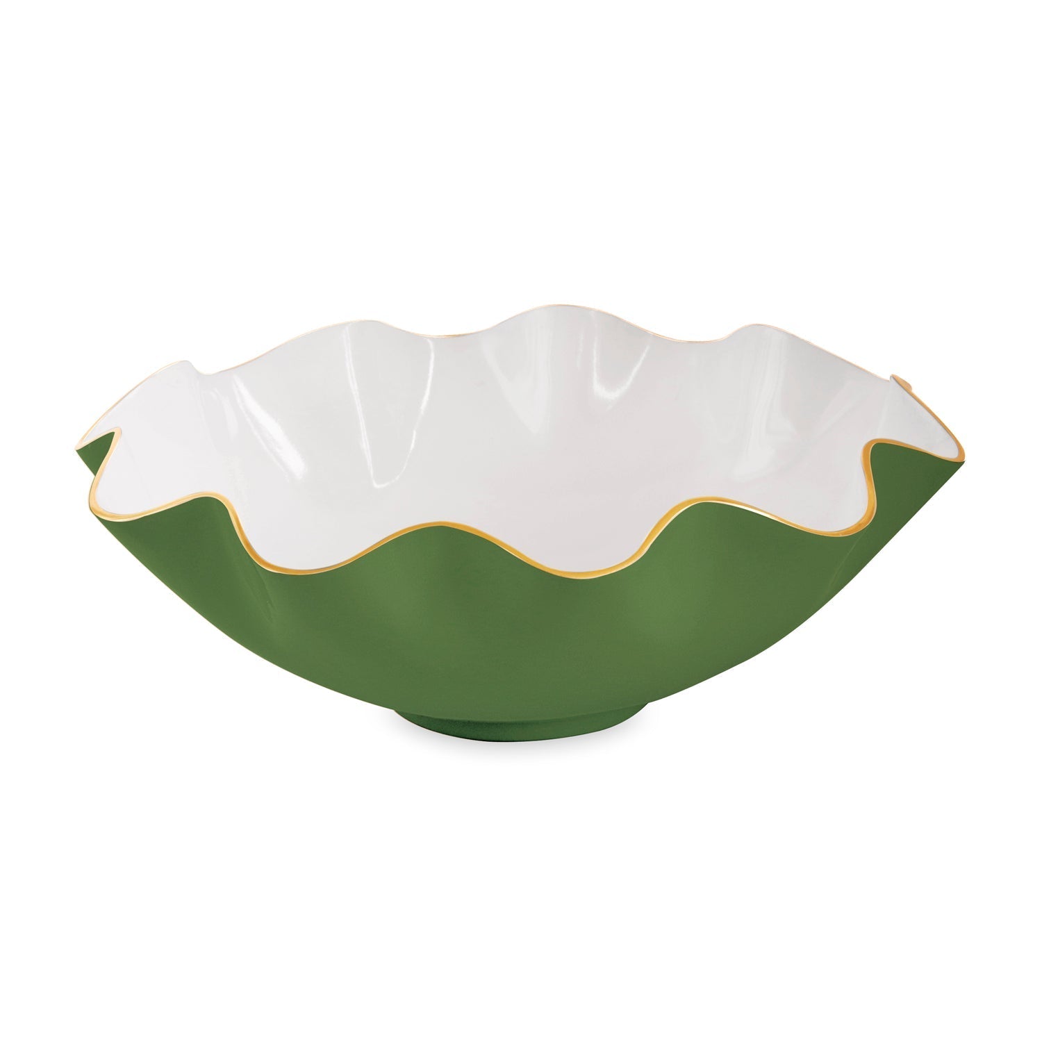 A large, wavy-edged bowl from the Encanto Leaf Green & White Serveware Collection by Beatriz Ball, featuring a green aluminum alloy exterior, white interior, and gold rim, shown on a white background.