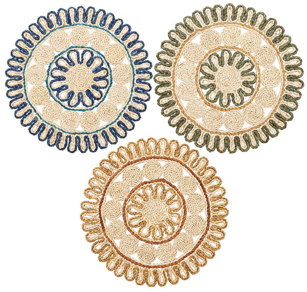 Three corn husk cord coasters, circular with intricate blue, green, and brown patterns, are arranged triangularly for an elegance similar to a Kim Seybert Casbah Placemat.