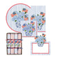 Caspari’s Flags And Hydrangeas Collection offers patriotic paper goods—placemats, napkins, crackers, and a notecard—featuring blue floral vases with flags, striped backgrounds, and red borders for festive outdoor tables.
