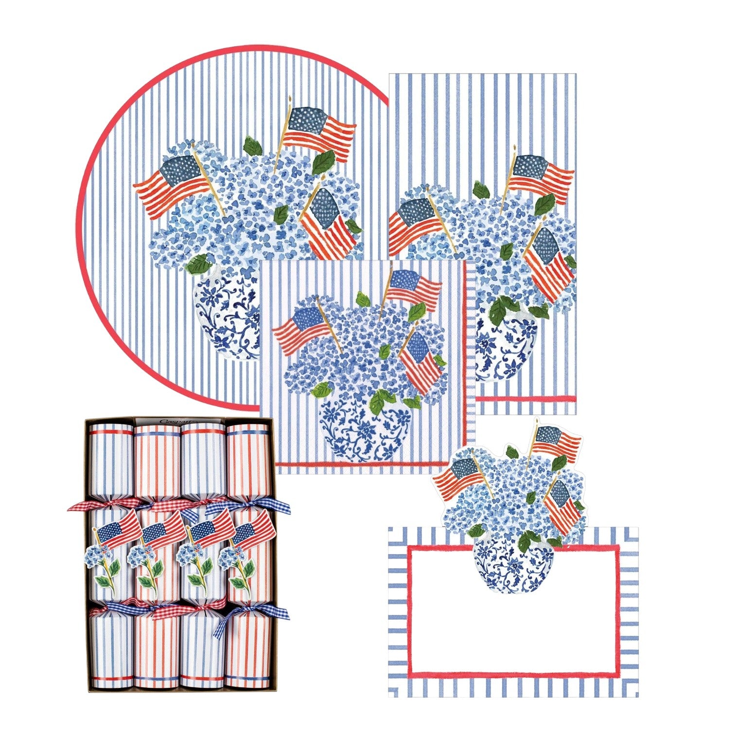 Caspari’s Flags And Hydrangeas Collection offers patriotic paper goods—placemats, napkins, crackers, and a notecard—featuring blue floral vases with flags, striped backgrounds, and red borders for festive outdoor tables.