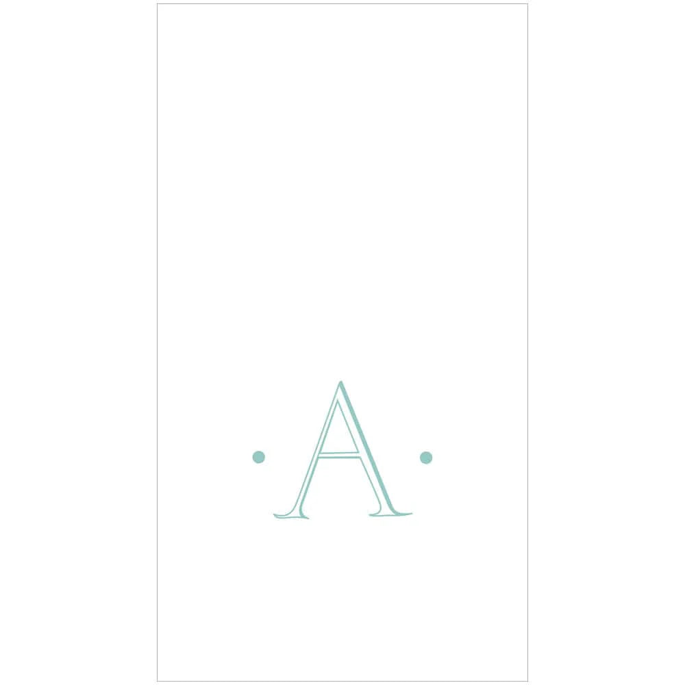 The Caspari Antique Robin's Egg Single Initial Guest Towels feature a large, light blue "A" centered between two small dots on a white background—ideal for adding an elegant, personalized touch to your event.
