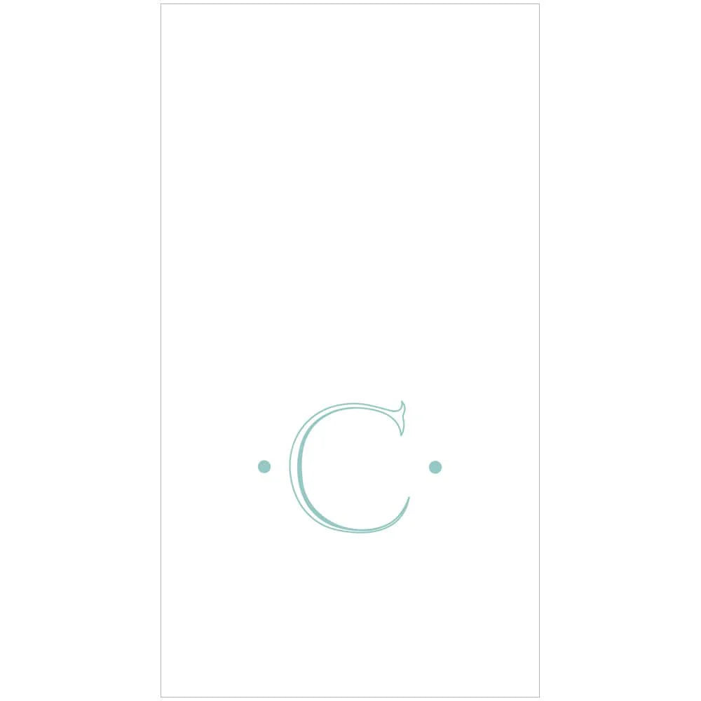 The Caspari Antique Robin's Egg Single Initial Guest Towels feature a minimalist light blue "C" between two small dots on a white background, ideal for personalized or elegant paper linen napkins.