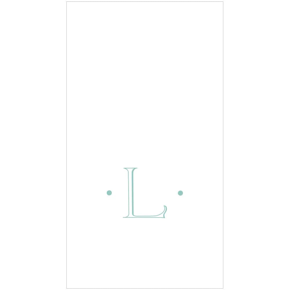 The Caspari Antique Robin's Egg Single Initial Guest Towels feature a large light blue letter "L" centered on white with a dot on each side—ideal for personalized or elegant paper linen napkins.