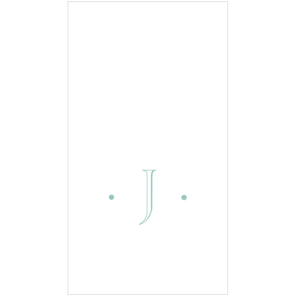 The Caspari Antique Robin's Egg Single Initial Guest Towels are minimalist white towels with a bold light blue "J" centered between two small blue dots, inspired by personalized napkin designs.