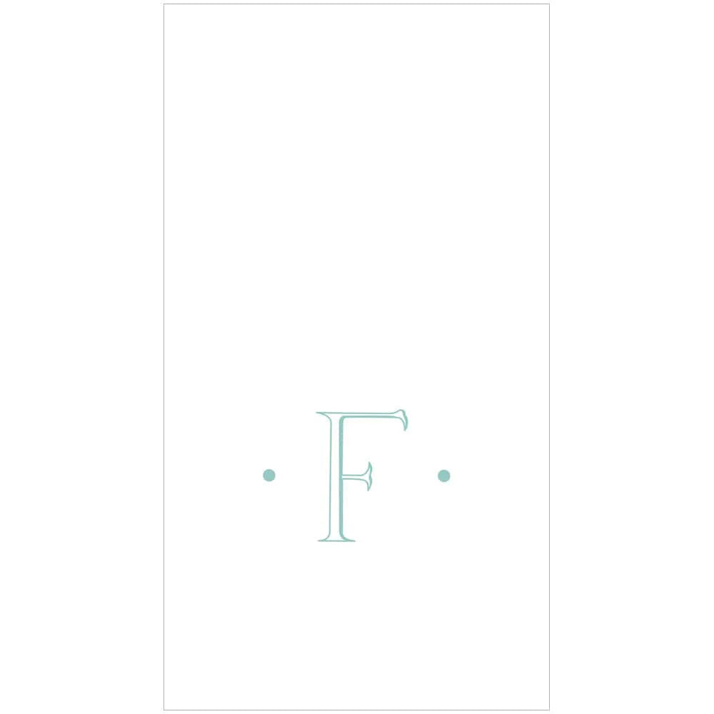 The Caspari Antique Robin's Egg Single Initial Guest Towels feature a large, light blue "F" centered on white with dots on each side—ideal for adding a personal touch to your event napkins.