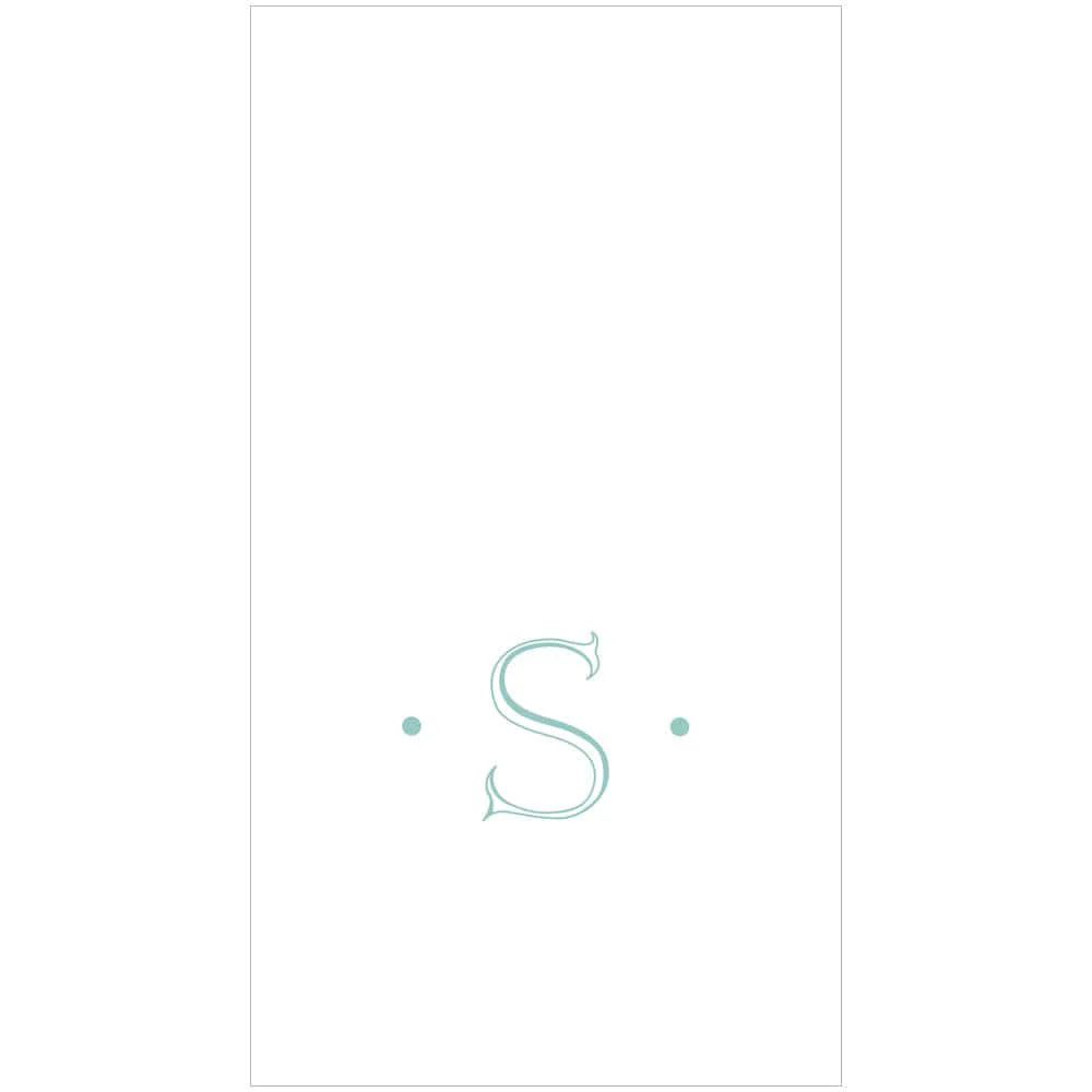 The Antique Robin's Egg Single Initial Guest Towels by Caspari feature a light blue "S" with two dots on a white background—ideal for adding elegant style to personalized or paper linen napkins.