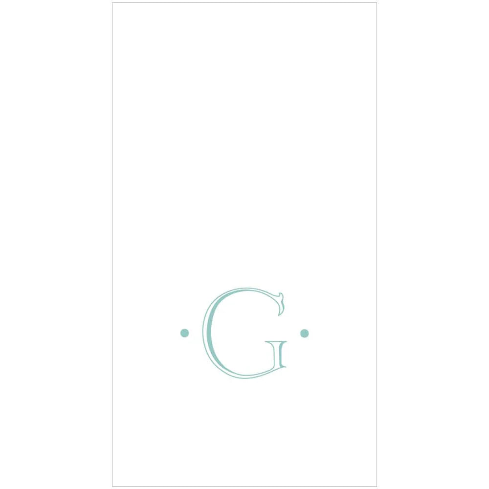 A large, light blue letter "G" is centered on a white background with two small blue dots—ideal for custom designs on Caspari's Antique Robin's Egg Single Initial Guest Towels, perfect as personalized or biodegradable napkins.