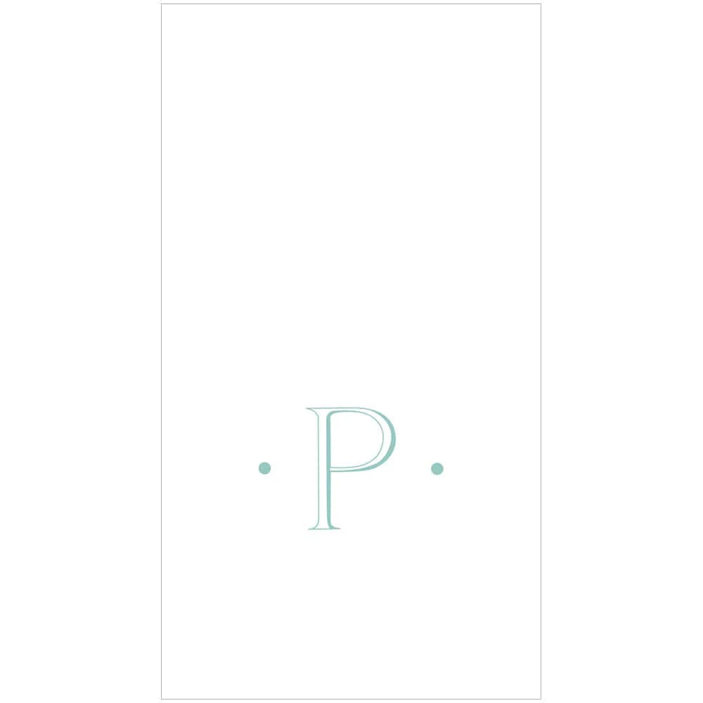 A large robin's egg blue letter "P" is centered on white with matching dots on each side—an elegant design featured on Caspari's Antique Robin's Egg Single Initial Guest Towels.