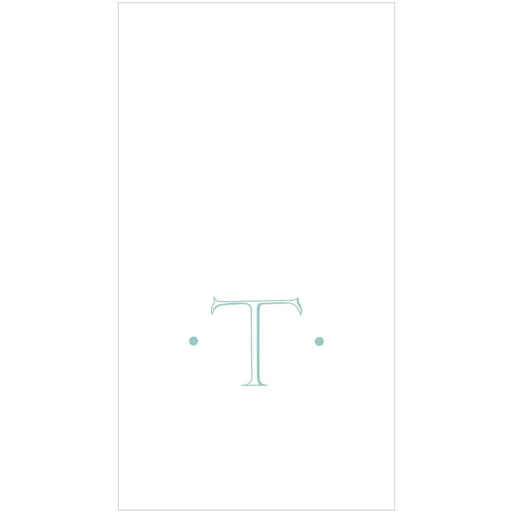 The Antique Robin's Egg Single Initial Guest Towels by Caspari feature a large, light blue "T" centered on white, flanked by small blue dots—offering an elegant, personalized touch reminiscent of custom napkins.