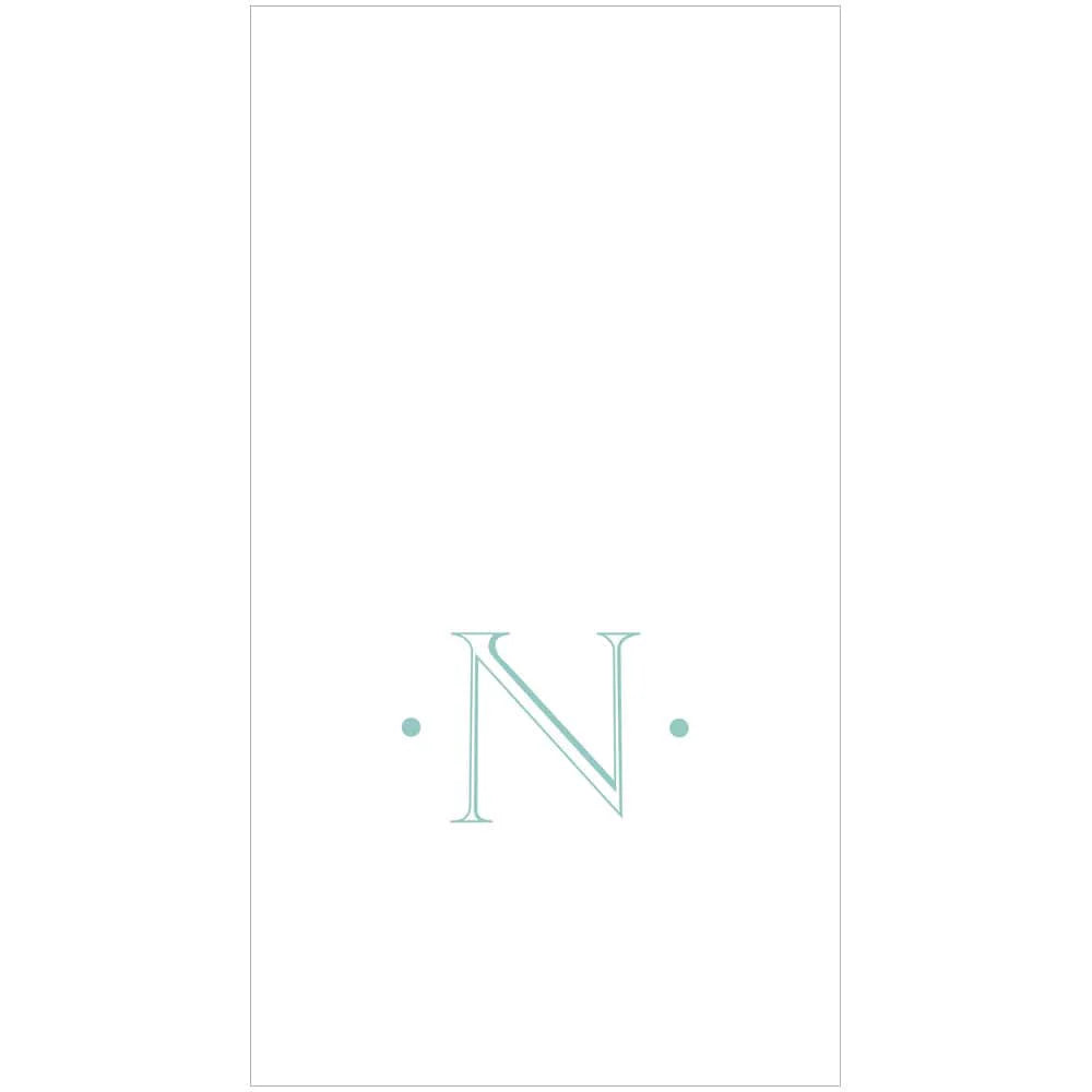 A white background with a large, light blue “N” centered between two small dots, featured on Caspari’s Antique Robin's Egg Single Initial Guest Towels—perfect for personalized or elegant paper linen napkins.