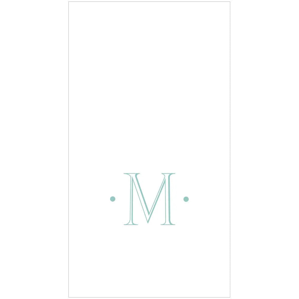 A white background with a large, light blue letter "M" and small side dots—Antique Robin's Egg Single Initial Guest Towels by Caspari are perfect for showcasing personalized style at your next special event.