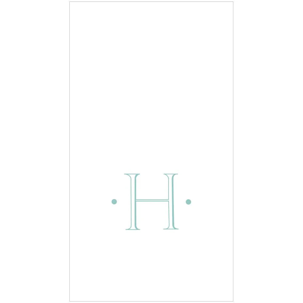 The Caspari Antique Robin's Egg Single Initial Guest Towels feature a large, light blue "H" centered on white with dots on each side—ideal for personalized or elegant paper linen napkins.