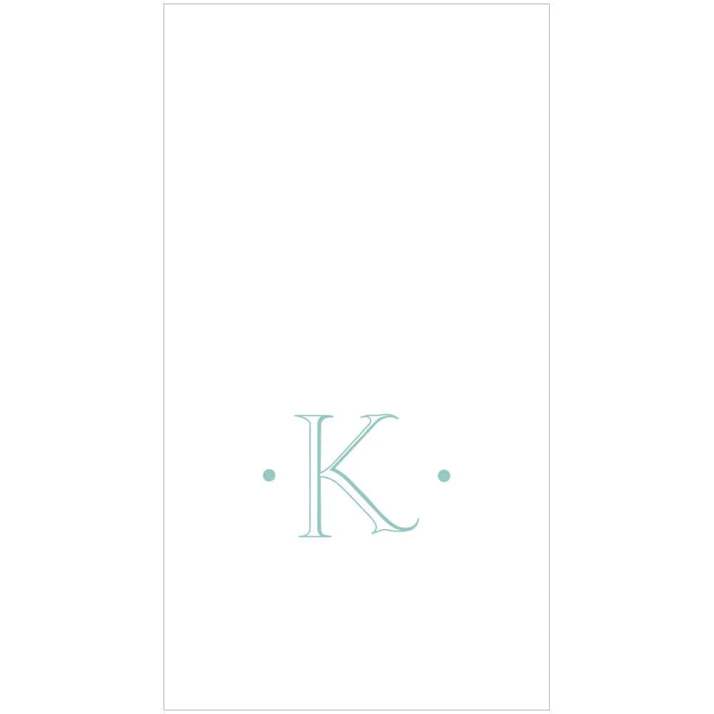 The Caspari Antique Robin's Egg Single Initial Guest Towels feature a white background with a large light blue "K" between two dots—ideal for adding an elegant, personalized touch to your paper linen napkins.