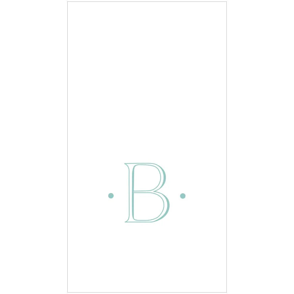 The Antique Robin's Egg Single Initial Guest Towels by Caspari feature a large, light blue "B" on a white background between two blue dots—ideal for personalized or elegant paper linen napkins.