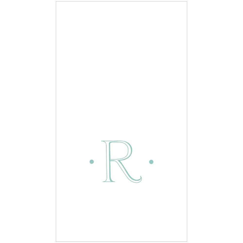 The Caspari Antique Robin's Egg Single Initial Guest Towels feature a minimalist white design with a large, light blue "R" centered between two dots—ideal for pairing with personalized napkins or elegant paper linen napkins at your next gathering.