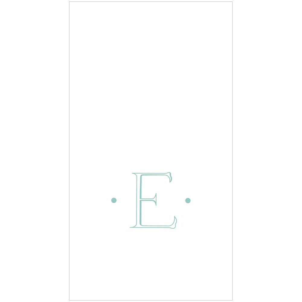 The Caspari Antique Robin's Egg Single Initial Guest Towels feature a white background with a large light blue “E” between two small blue dots, ideal for personalized or elegant paper linen napkins.