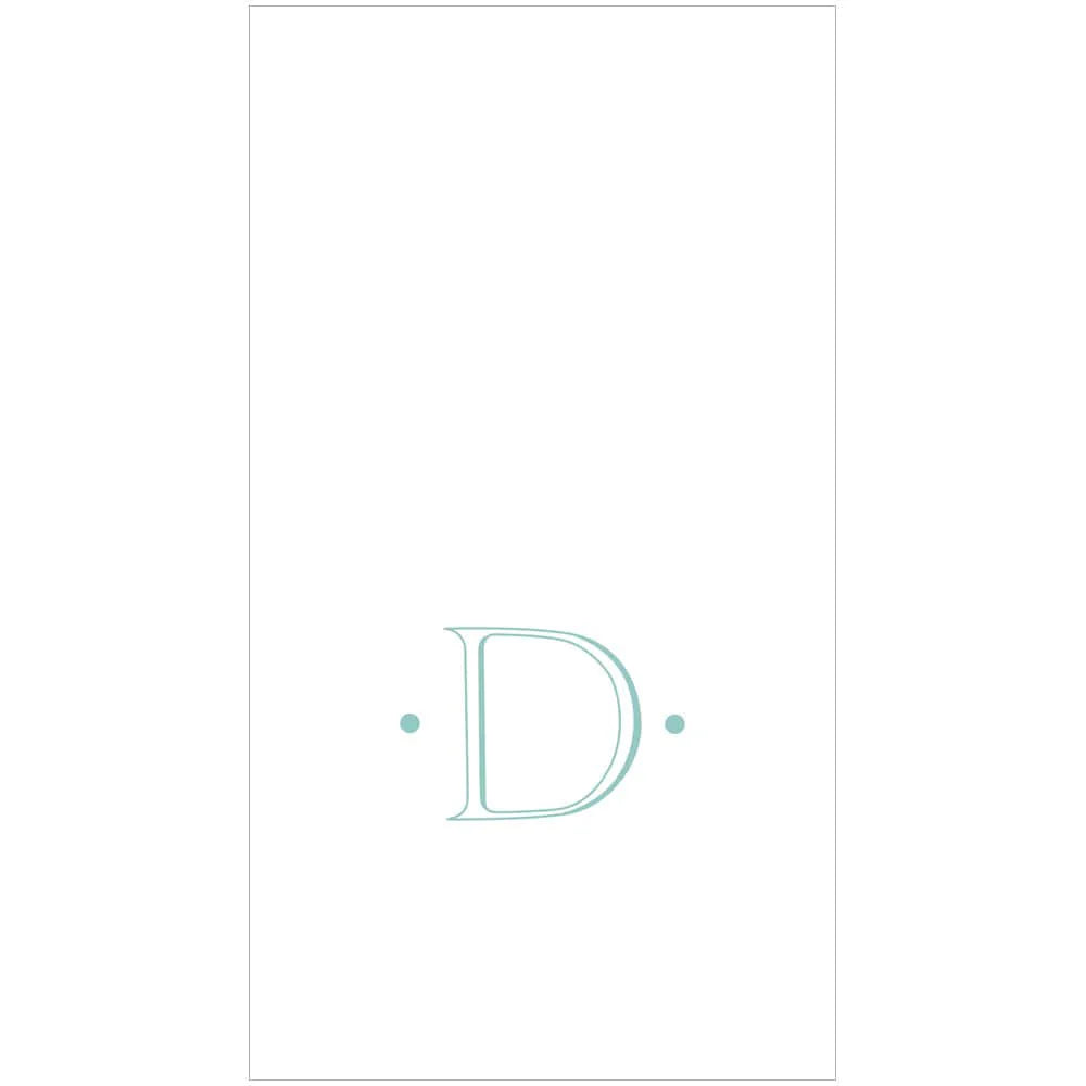 The Caspari Antique Robin's Egg Single Initial Guest Towels feature a centered light blue "D" and dots on a white background—ideal for personalized or elegant paper linen napkins.