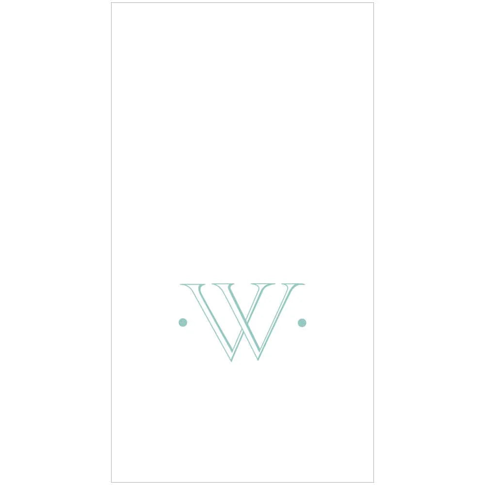 A white background with a large, light blue letter "W" near the bottom, flanked by two small dots—perfect for personalized entertaining with Caspari Antique Robin's Egg Single Initial Guest Towels.