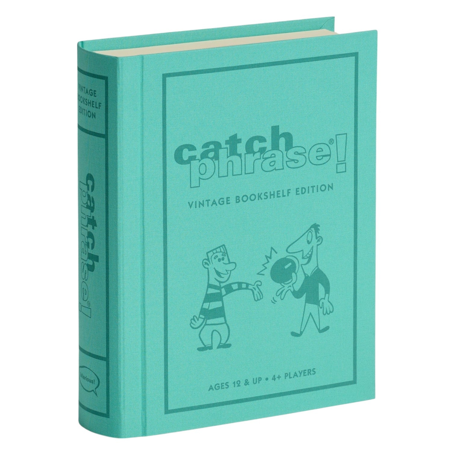 A teal, fabric-wrapped book-shaped box from WS Game Company, labeled "Vintage Bookshelf Board Games," joins the Vintage Bookshelf Collection. This classic board game is for ages 12+ and four or more players.