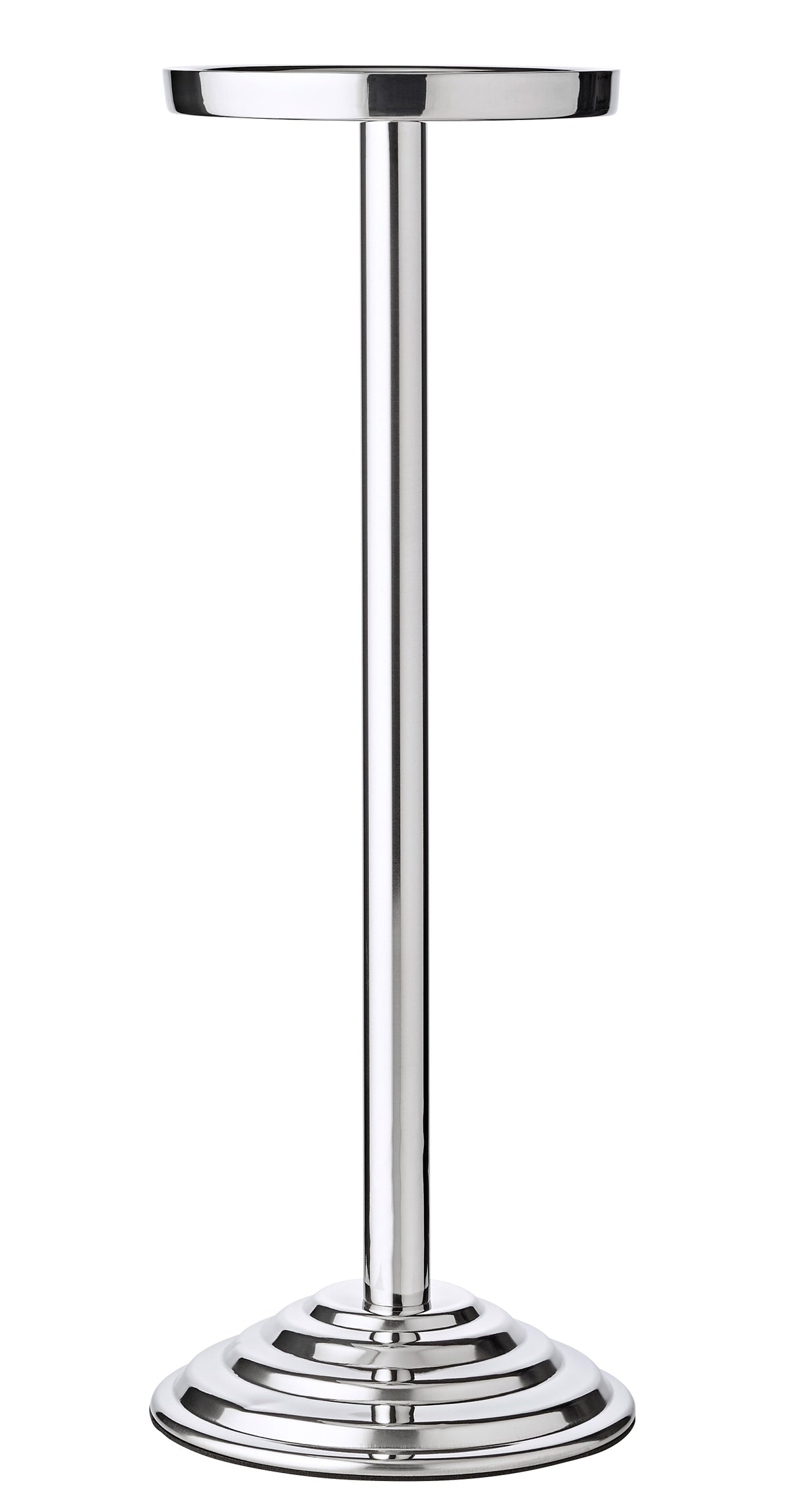 The EDZARD Capri Ice Bucket with Stand Collection features a tall, freestanding stainless steel stand with a round base and circular holder, perfect for displaying your ice bucket—shown against a white background.