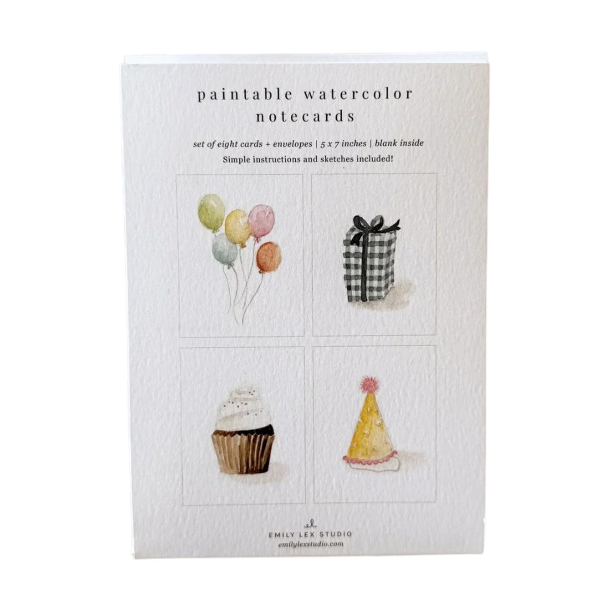 Emily Lex Studio Watercolor Paintable Notecards set of eight with envelopes, featuring illustrations of balloons, a gift, a cupcake, and a party hat.