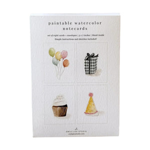Emily Lex Studio Watercolor Paintable Notecards set of eight with envelopes, featuring illustrations of balloons, a gift, a cupcake, and a party hat.