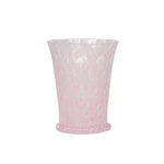 The Juliska Trellis Drinkware Collection features a translucent pink Czech glass tumbler with a diamond pattern and beaded base—an elegant addition to any glassware collection.