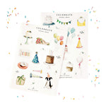 Add cheerful vibes to any project with this set of two Sticker Sheet Sets from Emily Lex Studio, featuring hand-drawn party-themed illustrations—cakes, balloons, hats, gifts, and banners—all beautifully arranged on a white background with colorful confetti accents. Ideal for use as planner stickers or charming watercolor stickers to bring festive flair wherever you need it!.