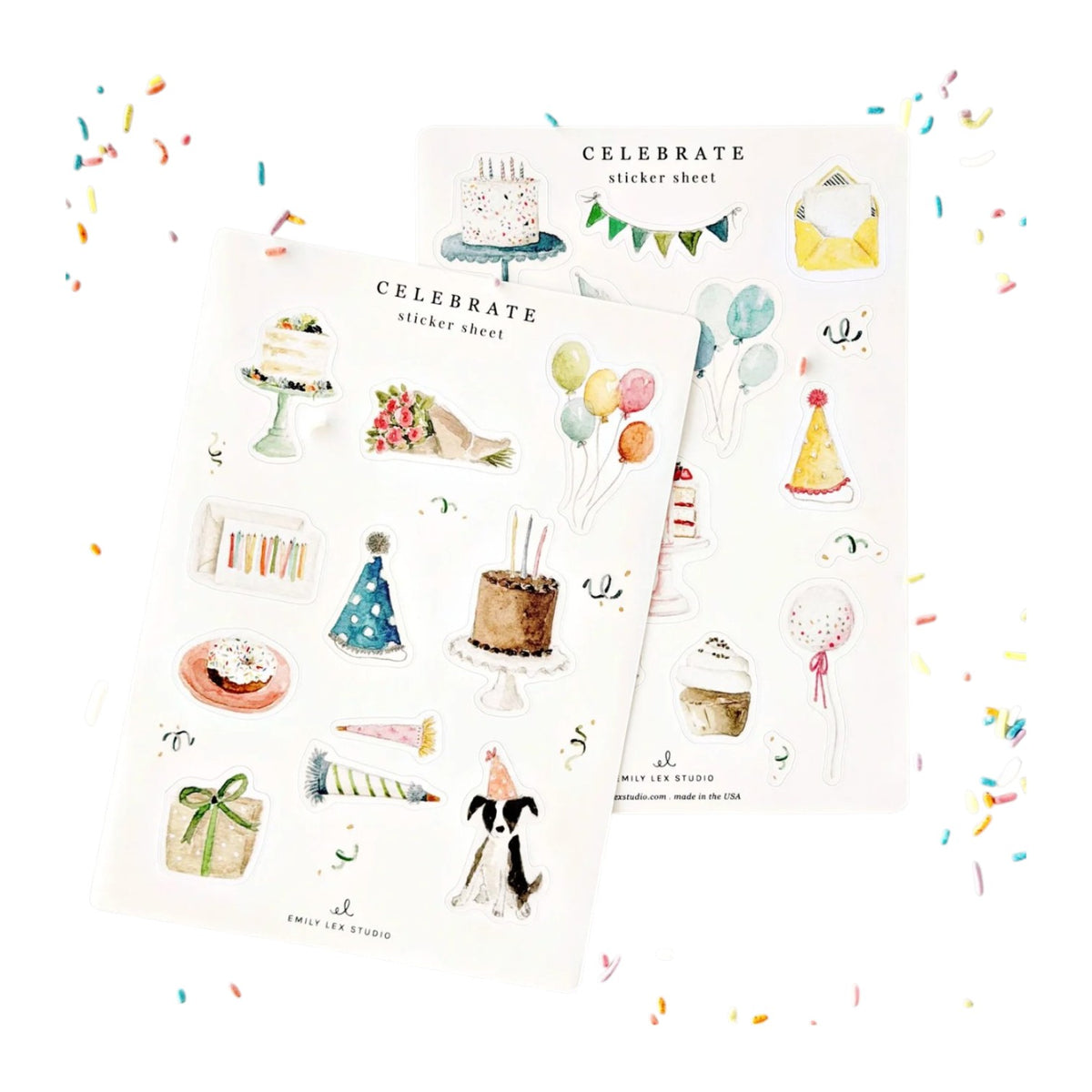 Add cheerful vibes to any project with this set of two Sticker Sheet Sets from Emily Lex Studio, featuring hand-drawn party-themed illustrations—cakes, balloons, hats, gifts, and banners—all beautifully arranged on a white background with colorful confetti accents. Ideal for use as planner stickers or charming watercolor stickers to bring festive flair wherever you need it!.