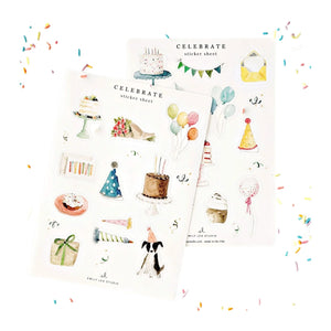 Add cheerful vibes to any project with this set of two Sticker Sheet Sets from Emily Lex Studio, featuring hand-drawn party-themed illustrations—cakes, balloons, hats, gifts, and banners—all beautifully arranged on a white background with colorful confetti accents. Ideal for use as planner stickers or charming watercolor stickers to bring festive flair wherever you need it!.