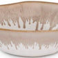 The Simon Pearce Burlington Bluff Dinnerware Collection features a shallow ceramic cereal bowl with an irregular rim and a beige-and-white glaze in contemporary pinch-pot style.