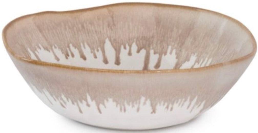 The Simon Pearce Burlington Bluff Dinnerware Collection features a shallow ceramic cereal bowl with an irregular rim and a beige-and-white glaze in contemporary pinch-pot style.