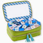 The Oh My Rummi Set by Oh My Mahjong includes blue and white tiles with colorful numbers and playful animal designs, all stored in a green zippered case with a mirror—ideal for fun family game nights.
