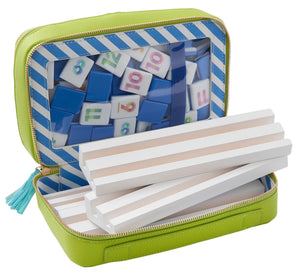 The Oh My Rummi Set by Oh My Mahjong features a green zippered case with blue and white numbered rummi tiles and rectangular white blocks with tan stripes—perfect for family game nights.