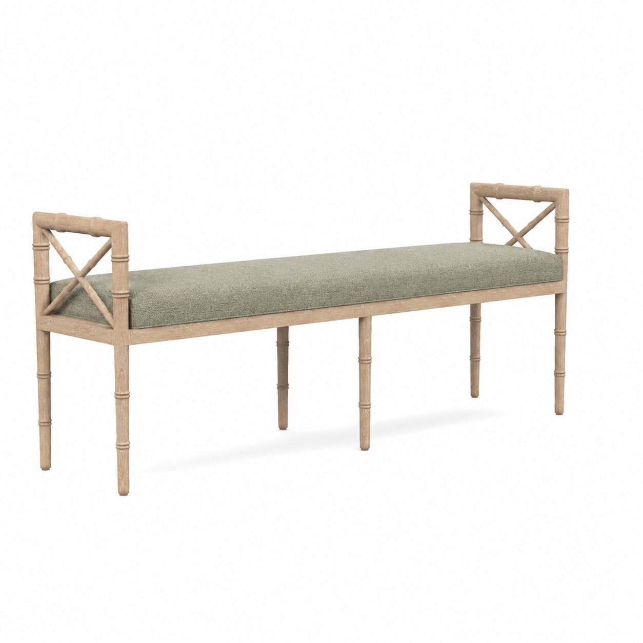 The Made Goods Danica Bench features bamboo-inspired legs and armrests with a Weser Sage green performance fabric seat, shown against a white background.