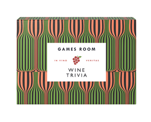 Box of "Wine Trivia" by Chronicle Books, featuring a green and orange bottle pattern that's perfect for oenophiles. The central label, decorated with grapes, invites enthusiasts to explore fascinating wine regions.