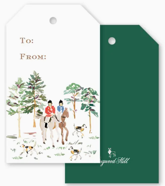Two Equestrian Toile Gift Tags: one white with a watercolor illustration of two equestrians and three dogs in a forest with “To:” and “From:” text, and one solid dark green holiday gift tag.