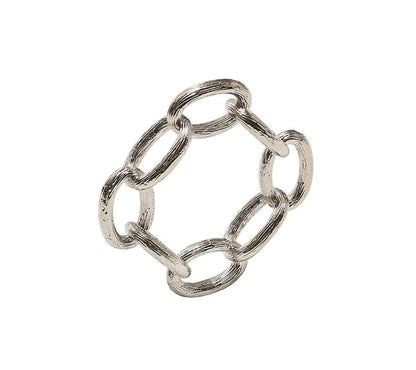 The Kim Seybert Chain Link Napkin Ring Collection features six oval-shaped, textured silver links connected in a circular design, perfect for adding an elegant touch to your table setting.