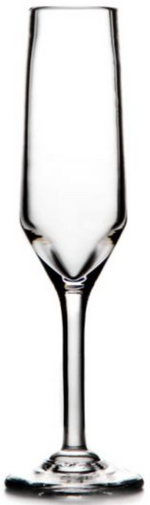 A clear champagne flute from the Simon Pearce Bristol Drinkware Collection, featuring a long stem and narrow, Golden Ratio-inspired bowl, stands upright against a white background.