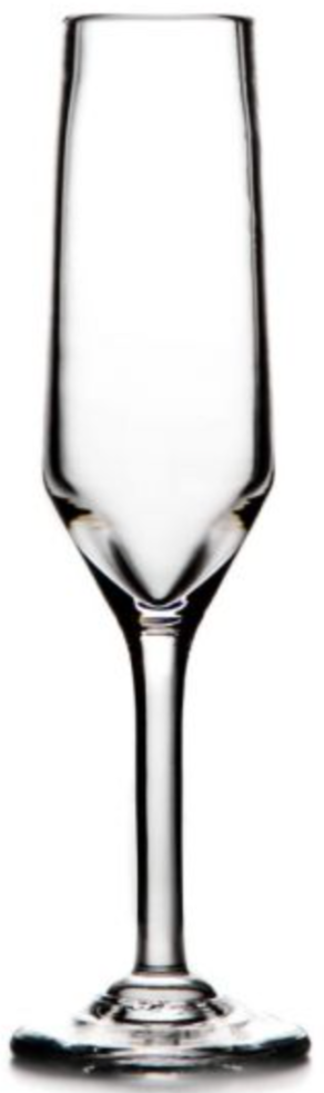 A clear champagne flute from the Simon Pearce Bristol Drinkware Collection, featuring a long stem and narrow, Golden Ratio-inspired bowl, stands upright against a white background.