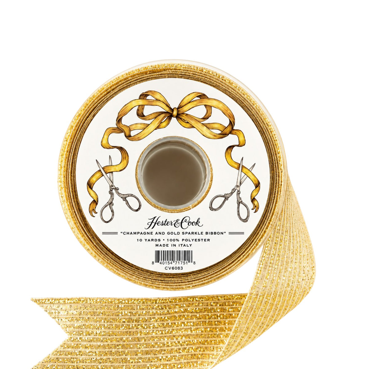 A spool of Fancy Ribbon by Hester & Cook—ideal for gift wrapping—features a label adorned with gold ribbon illustrations and scissors. The label notes that the ribbon is 10 yards long, made of 100% polyester, and crafted in Italy. This elegant satin ribbon brings a sophisticated touch to any package or craft project.
