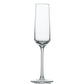 A clear, empty Fortessa Pure Collection champagne flute with a long stem and narrow bowl is centered on a white background, showcasing postmodern tabletop style.