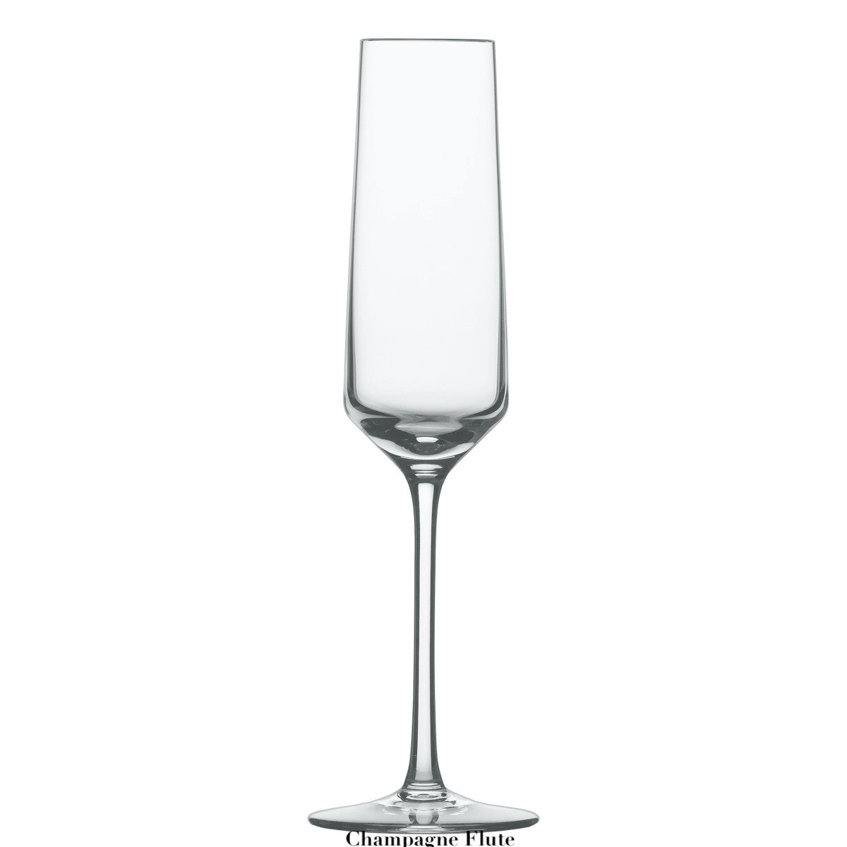 A clear, empty Fortessa Pure Collection champagne flute with a long stem and narrow bowl is centered on a white background, showcasing postmodern tabletop style.