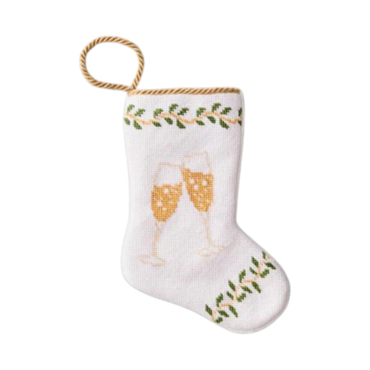The Champagne Toast Needle Point Stocking by Bauble Stockings features two clinking champagne glasses with green leafy accents, hand-stitched needlepoint, and a gold hanging loop—a festive keepsake ornament.