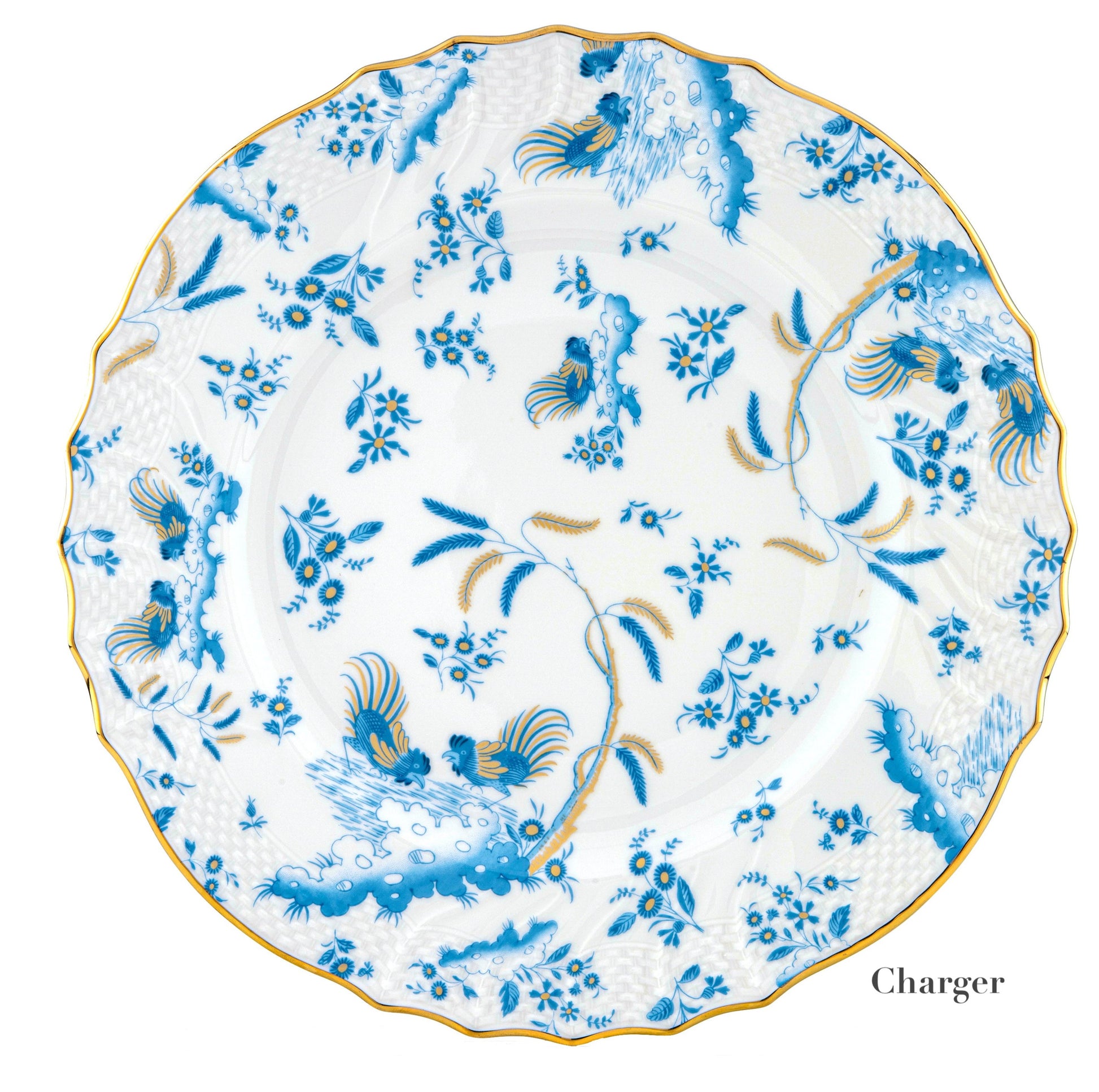 Round porcelain charger plate from Ginori 1735's Oro Di Doccia Turchese Dinnerware Collection, featuring blue and gold floral and bird motifs, a scalloped edge with hand-painted gold trim.