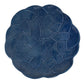 Presented on a white background, the Le Panier Mystic Knot Denim serving platter by Juliska features a round shape and a rich dark blue hue, adorned with an intricate braided pattern inspired by interwoven mystic knots.